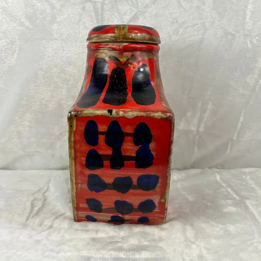 Handcrafted Red Blue Abstract Glazed Ceramic Vase 11.25